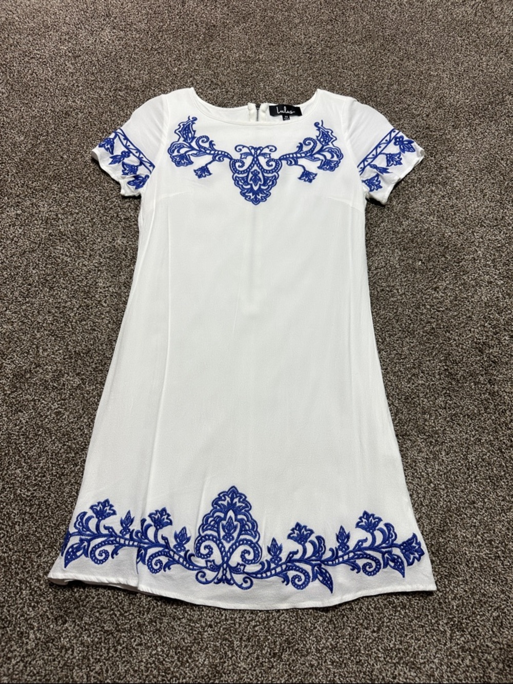 Lulu's White Mini Dress with Blue Embroidered Trim XS